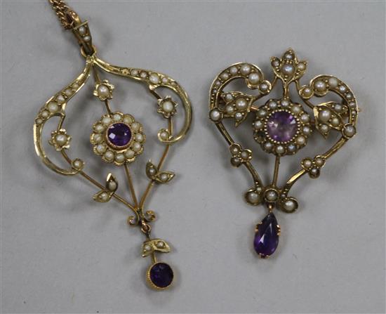 Two early 20th century 9ct gold, amethyst and seed pearl set pendants, one with 9ct gold chain, largest 46mm.